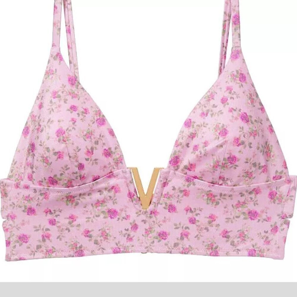 New! Victoria’s Secret Swim Gold Pink Floral V-Hardware Bikini Top 4610
